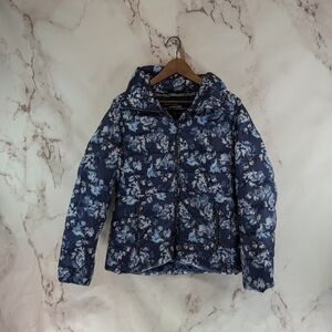 Lands End Down Jacket Womens 8 Medium Puffer Coat Blue Floral Zip Puffy FP Power